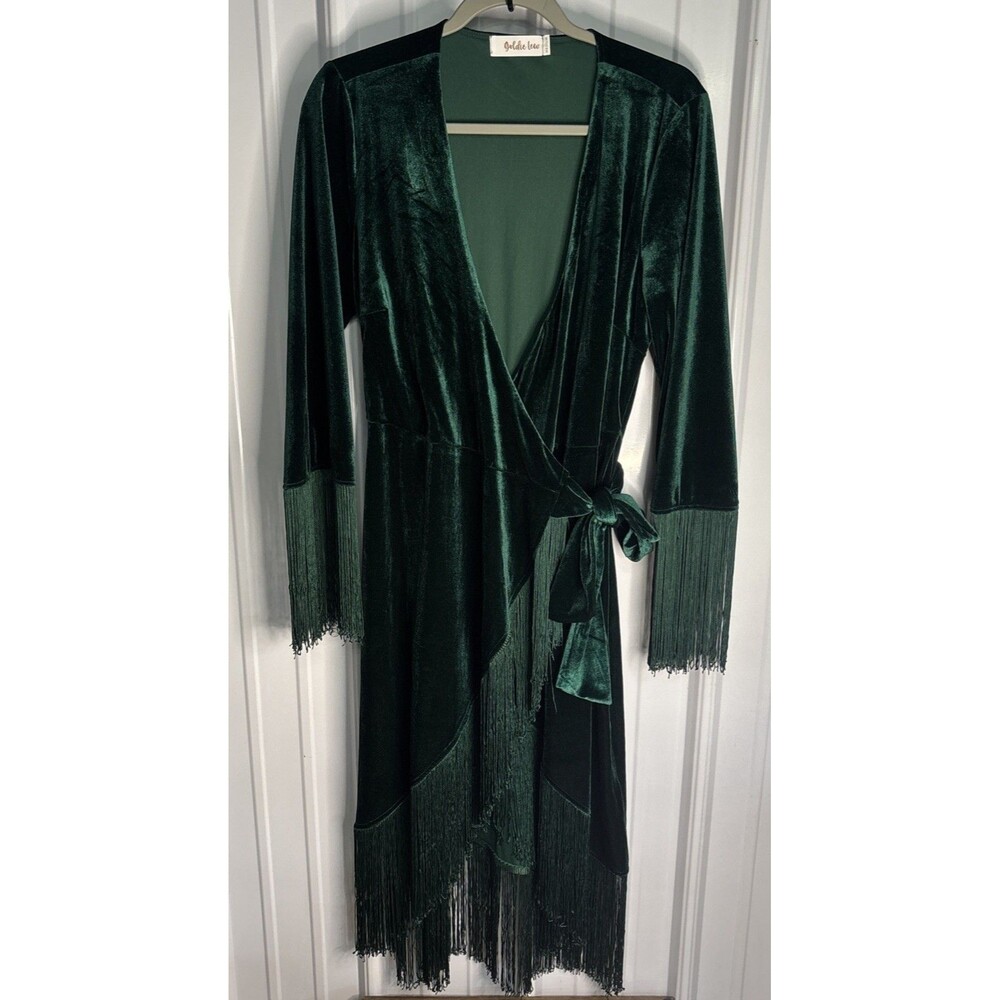 Goldie Lew Green Velvet Fringe Wrap Dress Medium EUC
